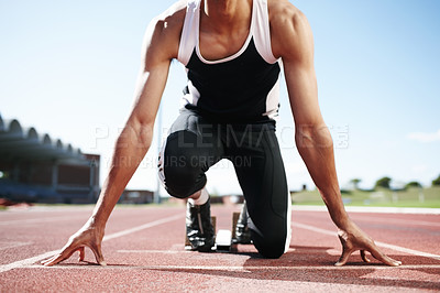 Buy stock photo Fitness runner, hands and start at race track for sports, cardio and professional athlete training. Field, ready and man prepared for sprint competition, speed or fast performance outdoor on ground