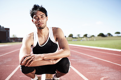 Buy stock photo Arms crossed, runner or portrait of man on track for fitness training, outdoor workout or sports exercise. France, confident and proud athlete in stadium for running development or race performance