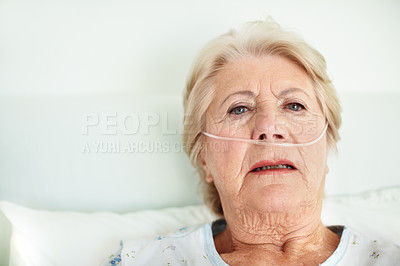 Buy stock photo Portrait, old woman and thinking of illness, hospital and depression for disease, healthcare and medicine. Mental health, contemplating and senior person with dementia, treatment or stress in Germany