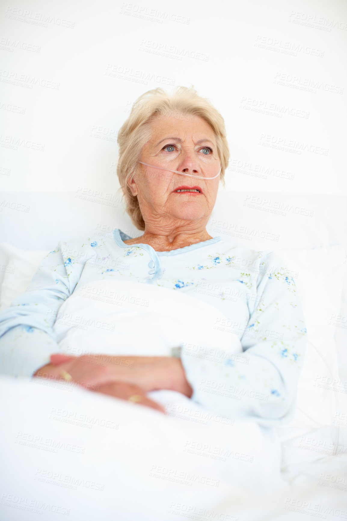 Buy stock photo Healthcare, senior woman and thinking of illness, fear and depression for disease, hospital or medicine. Mental health, contemplating and elderly person with dementia, treatment or worry for recovery