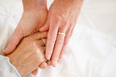 Buy stock photo Closeup of an ailing patient's hands seeking comfort in the hands of a friend - Copyspace