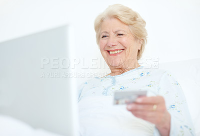 Buy stock photo House, credit card and senior woman with laptop, smile and ecommerce with internet, purchase and banking. Pensioner, client and elderly person with computer, online reading and transactions with joy