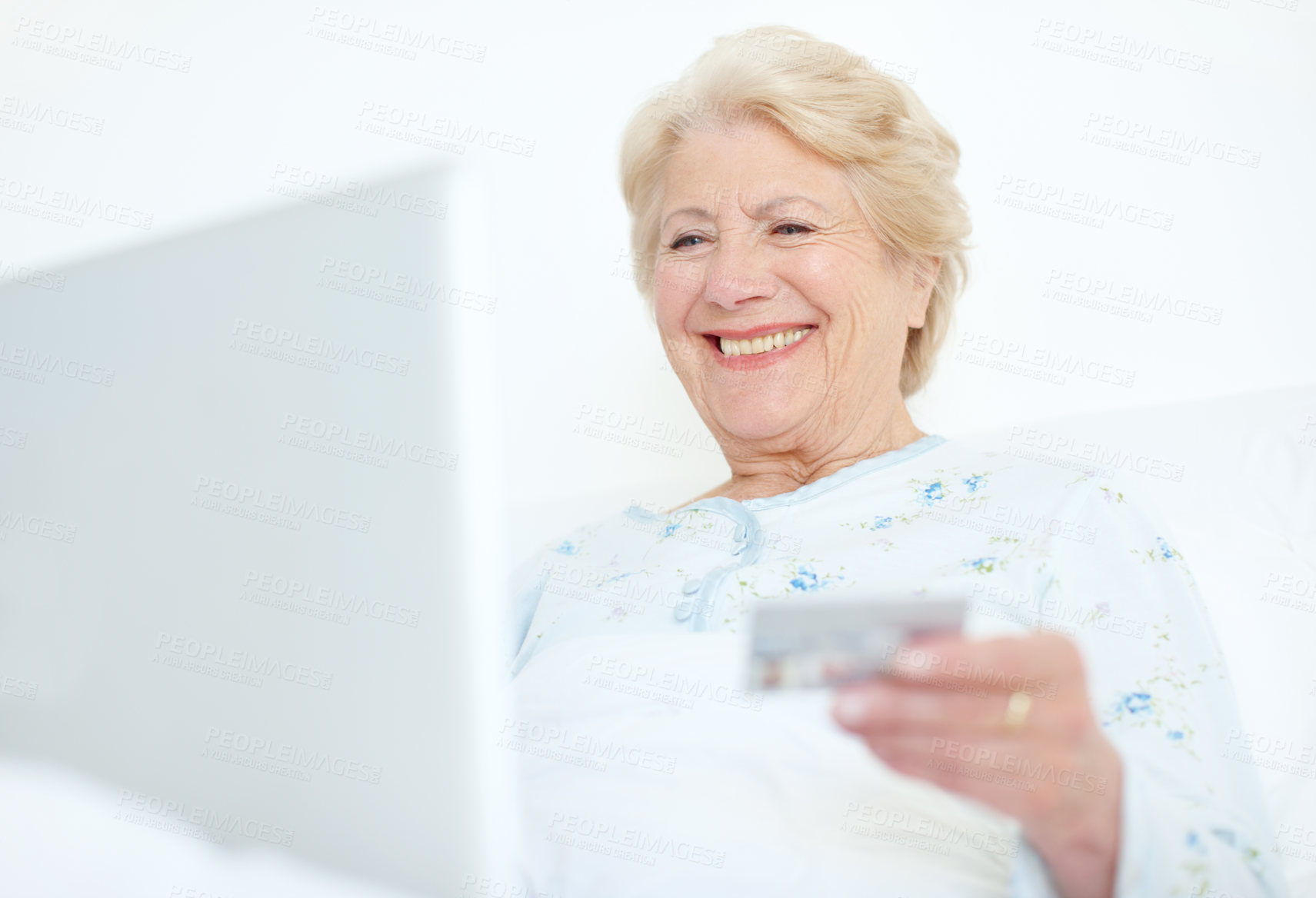 Buy stock photo House, credit card and senior woman with laptop, smile and ecommerce with internet, purchase and banking. Pensioner, client and elderly person with computer, online reading and transactions with joy