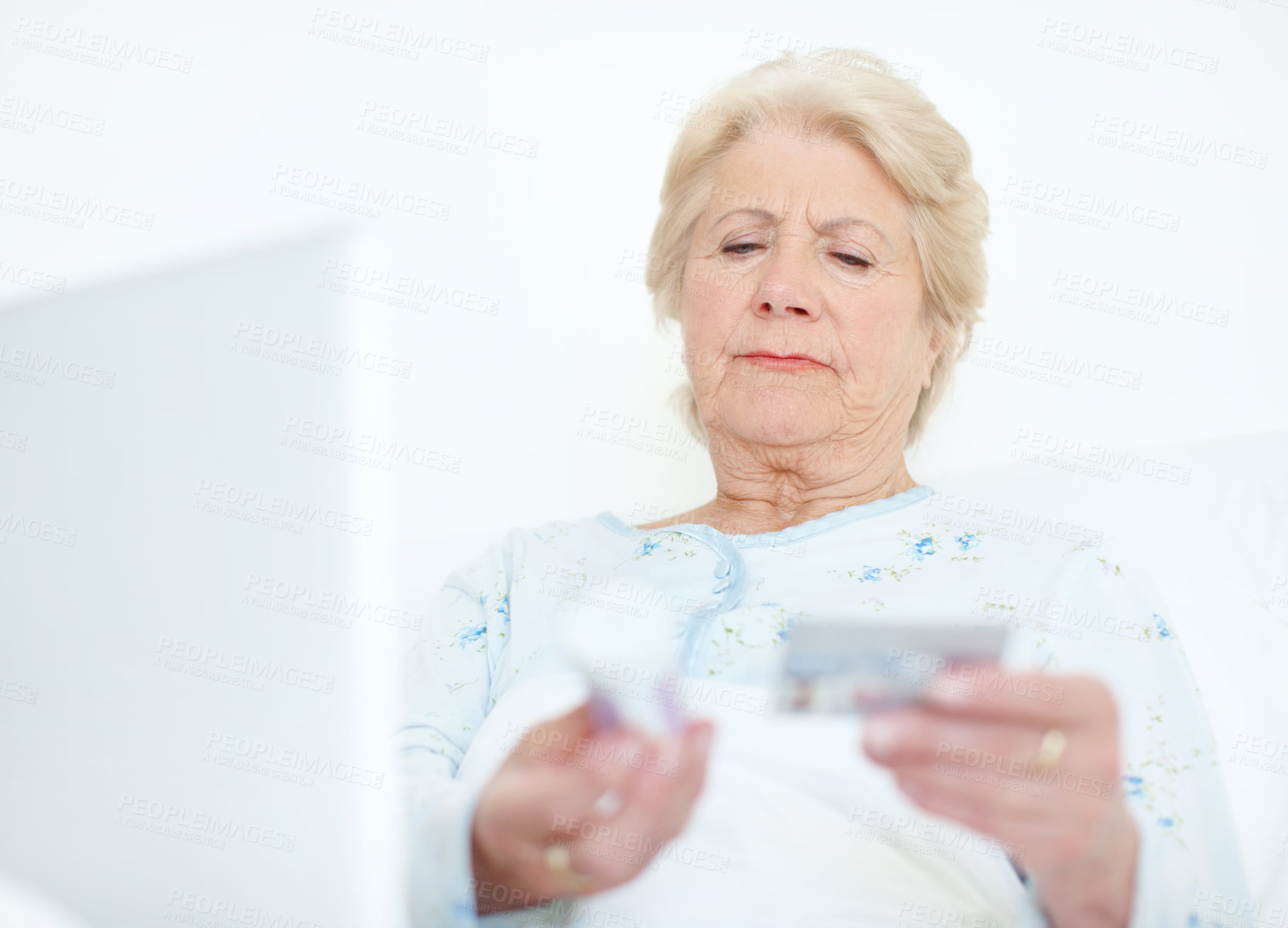 Buy stock photo Senior, woman and medication with credit card for pharmaceutical purchase or online shopping at home. Elderly, female person or patient with pills or debit for medical payment or ecommerce at house