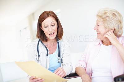 Buy stock photo Happy women, doctor or patient with prescription for elderly care, consultation or medical history at clinic. Healthcare, worker or employee talking to senior person with a disability for insurance