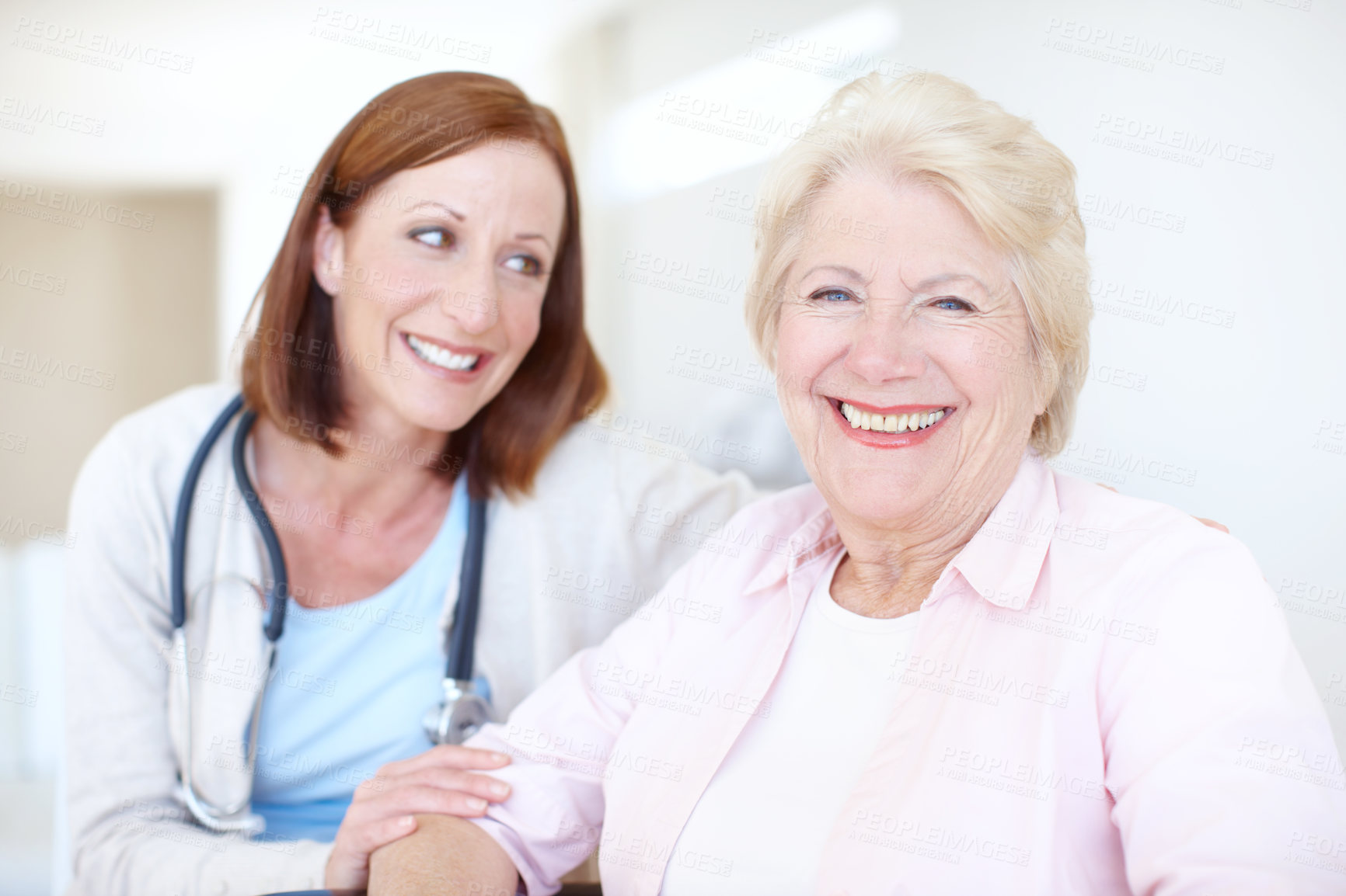 Buy stock photo Volunteer, healthcare and smile with old woman and caregiver for rehabilitation, consulting and support. Medical, retirement home and trust with senior patient and nurse for elderly care monitor