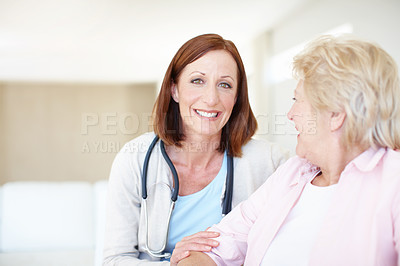 Buy stock photo Portrait of a mature nurse spending some time with her elderly female patient - Copyspace