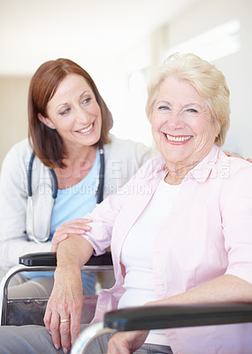 Buy stock photo Wheelchair, healthcare and portrait with old woman and doctor for rehabilitation, medical and insurance. Support, retirement home and osteoporosis with senior person with a disability and consulting
