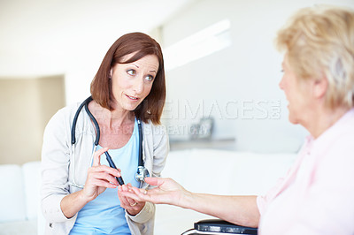 Buy stock photo Wheelchair, blood test and medical with old woman and doctor for rehabilitation, sugar level and insurance. Healthcare, retirement and diabetes with senior person with a disability and consulting