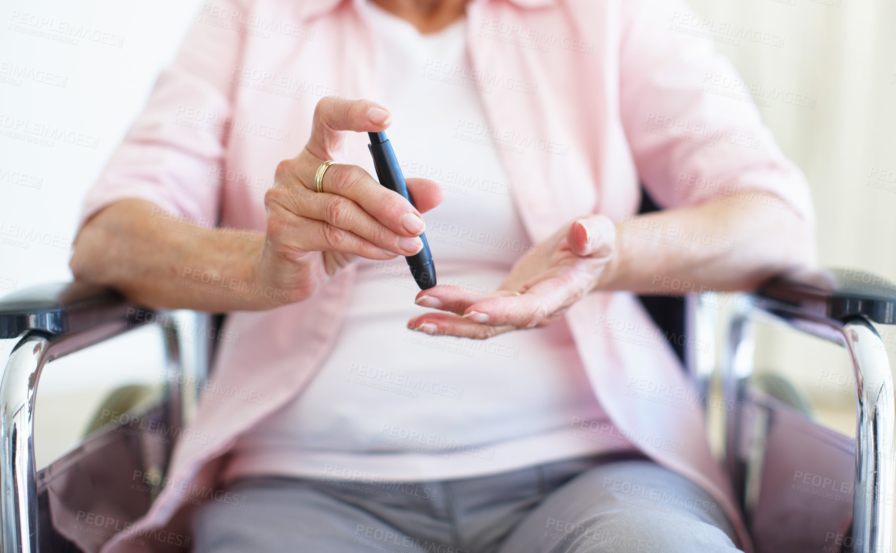 Buy stock photo Hands, wheelchair and senior woman with diabetes for injection, sick or pen on finger in elderly care. Mature person with disability,  pensioner or closeup with diabetic needle prick and house