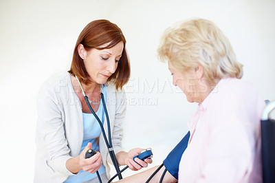 Buy stock photo Blood pressure, pump and doctor with senior woman for medical service, exam and consulting. Healthcare, retirement home and elderly person with equipment for diabetes, heart rate and hypertension