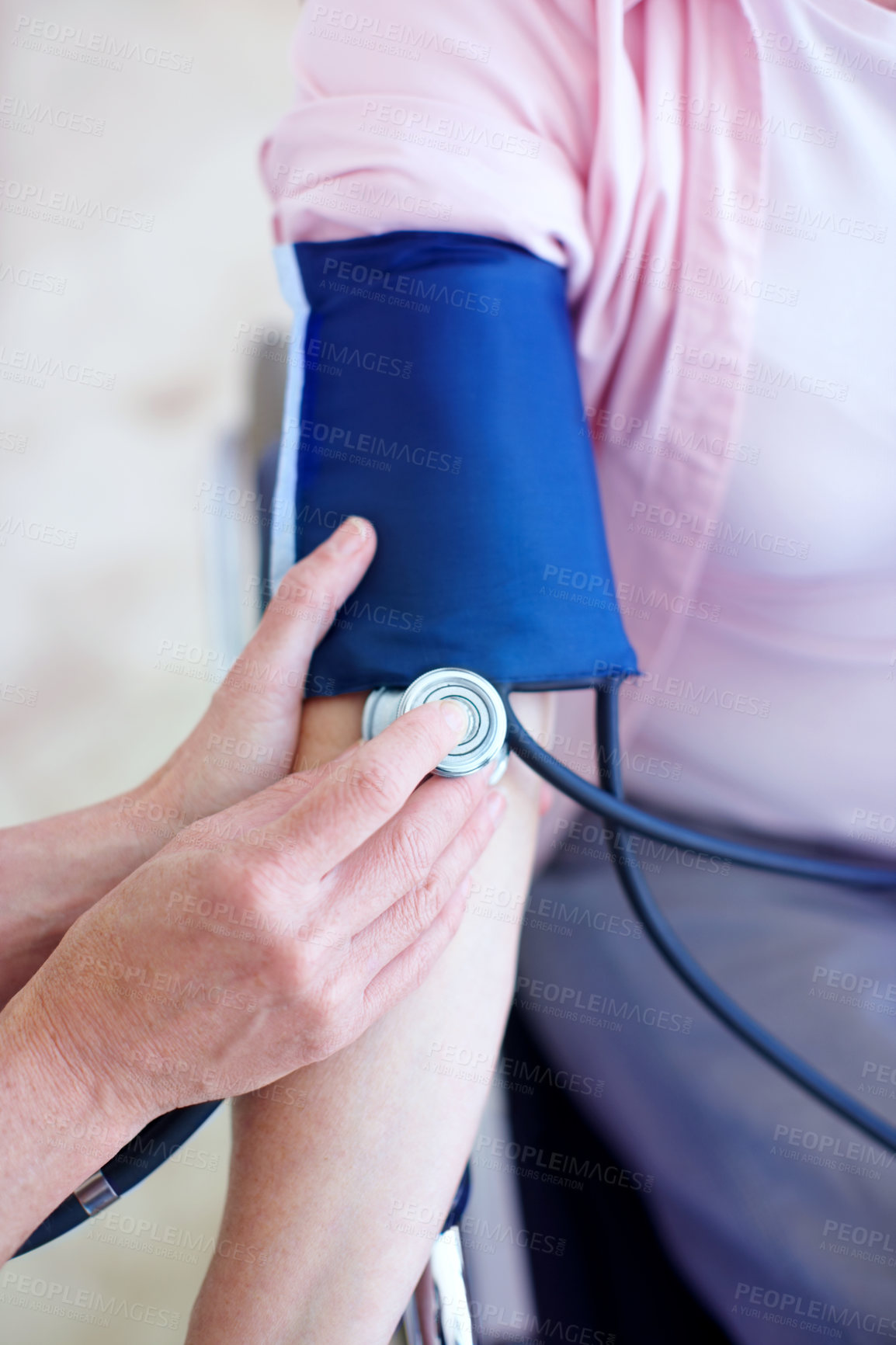 Buy stock photo Blood pressure, cuff and hands of doctor with patient for medical service, exam and consulting. Healthcare, retirement and elderly person in wheelchair for diabetes, heart rate and hypertension test