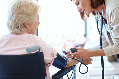 Buy stock photo Blood pressure, wheelchair and doctor with elderly woman for medical service, exam and consulting. Healthcare, retirement and senior person with disability for diabetes, heart rate and hypertension