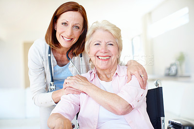 Buy stock photo Wheelchair, portrait and happy with old woman and doctor for rehabilitation, medical and insurance. Healthcare, retirement and osteoporosis with senior person with a disability and consulting