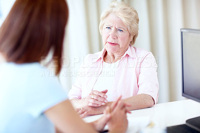 Buy stock photo Healthcare, consulting and doctor with old woman in hospital for advice, discussion and medical report. Wellness, feedback and diagnosis with patient and person in clinic for treatment and support