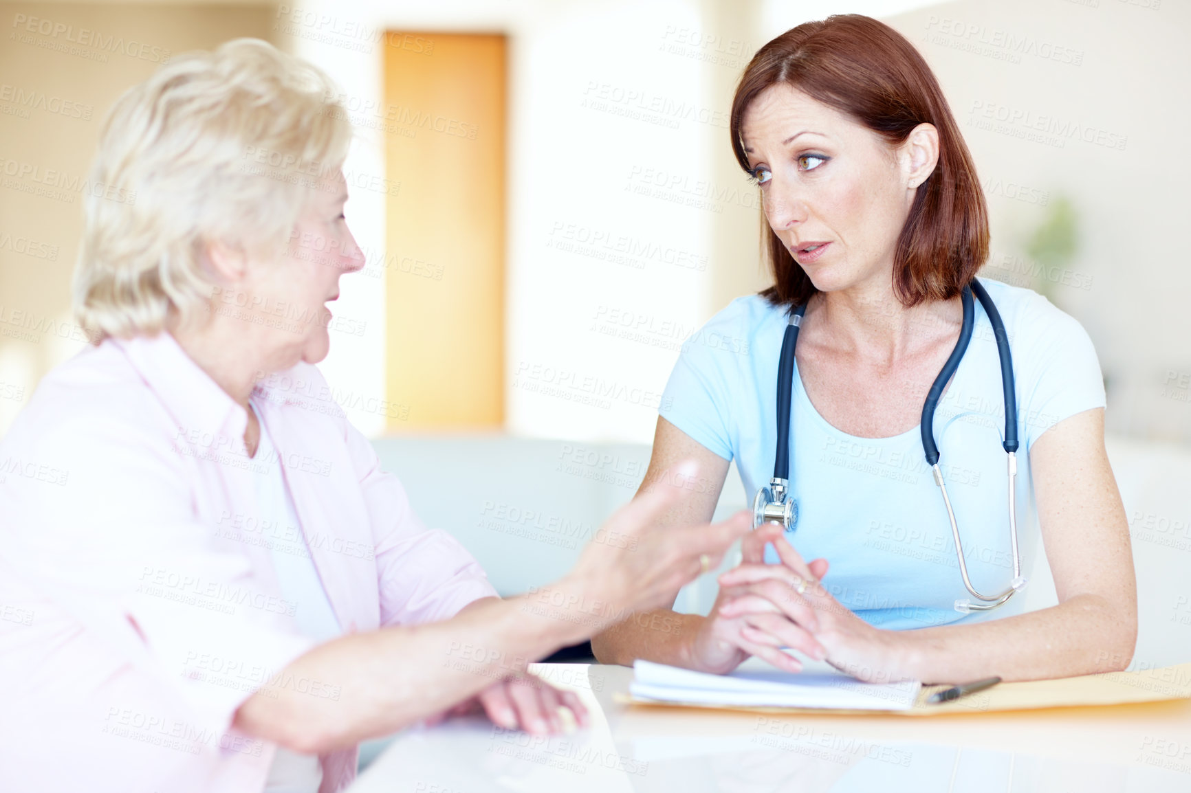 Buy stock photo Medical, consulting and doctor with old woman in hospital for advice, discussion and healthcare report. Wellness, feedback and diagnosis with patient and person in clinic for treatment and support