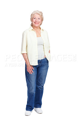 Buy stock photo Senior, woman and portrait with fashion in studio for ethical brand promo, sustainable clothing and organic fabric garment. Elderly, model and happy with upcycling outfit on white background mockup