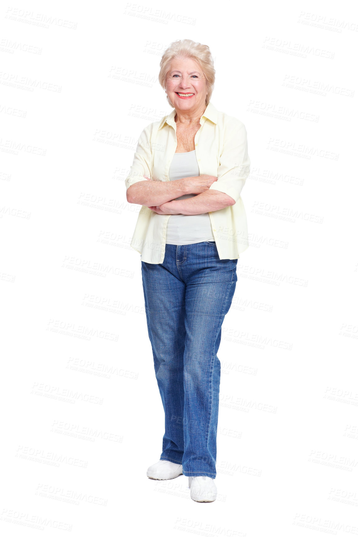 Buy stock photo Portrait, smile and senior woman with arms crossed, happiness and model isolated on white studio background. Full body, pensioner and elderly lady with casual outfit, fashion or retirement with pride