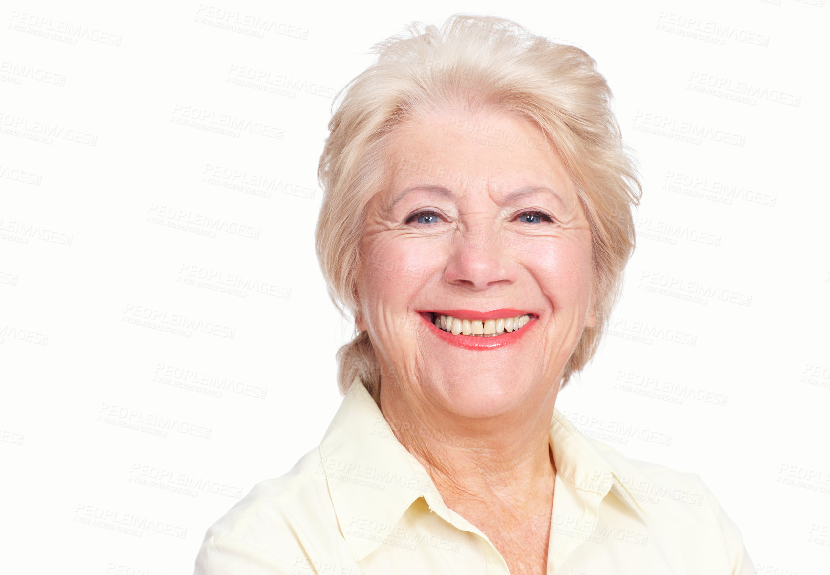 Buy stock photo Senior, woman and smile with portrait in studio for beauty, cosmetic glow and happy with anti aging treatment results. Dermatology, person and confidence for chemical peel on white background mockup