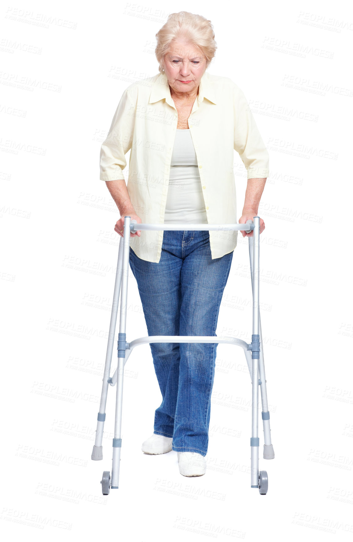 Buy stock photo Senior, woman and moving with walker for healthcare, retirement or old age home on a white studio background. Elderly, model or person with a disability or walking aid for medical assistance or help