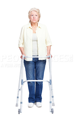 Buy stock photo Senior, portrait or woman with walker for healthcare, retirement or old age home on a white studio background. Elderly, model or person with a disability or walking aid for medical assistance or help