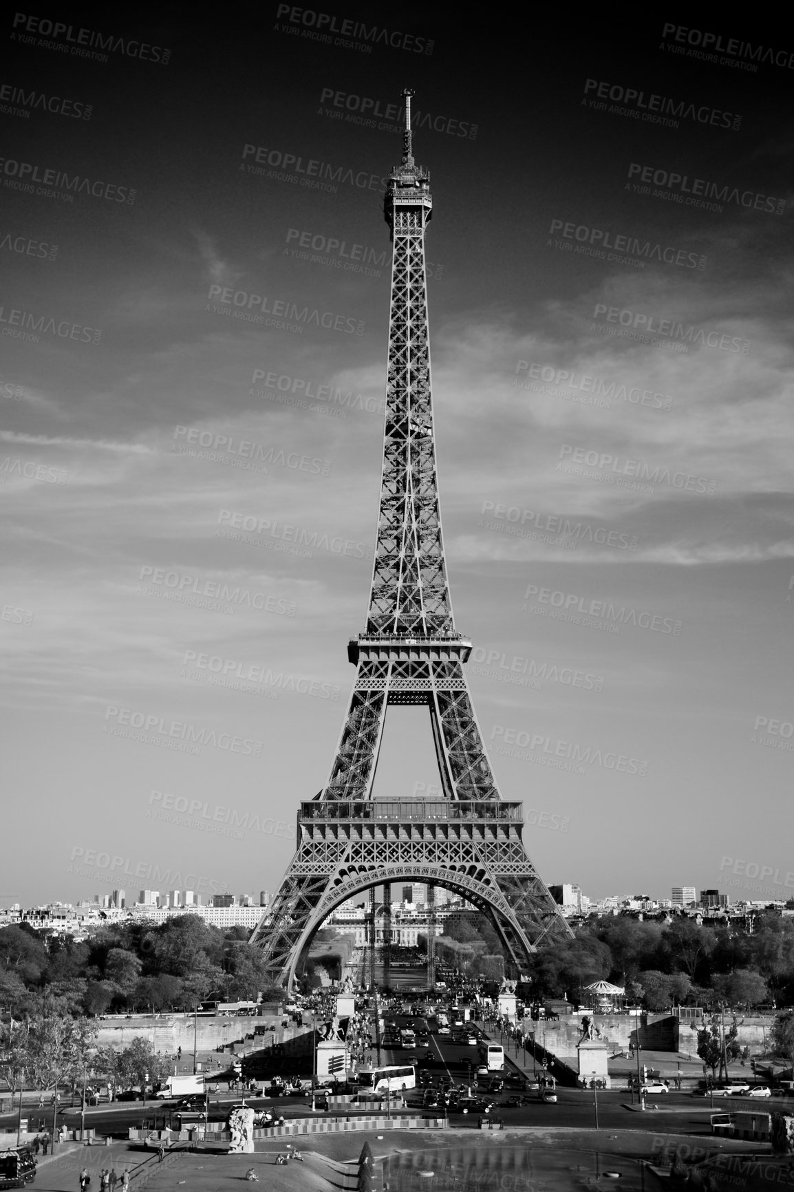 Buy stock photo Eiffel tower, architecture and city with monochrome for travel, tourism destination and outdoor. Skyline, structure and location in Paris for vacation holiday, black and white for metal icon in urban