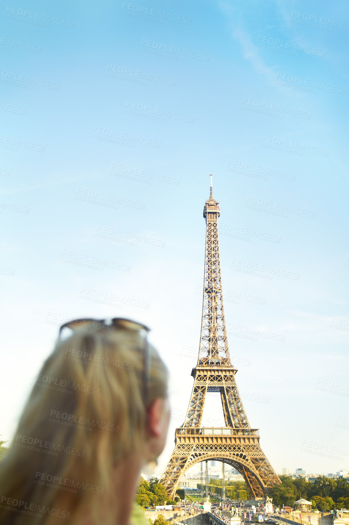 Buy stock photo Rear view of a young woman sight seeing in the Paris