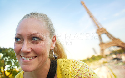 Buy stock photo A happy young woman sight seeing in the Paris