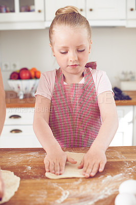 Buy stock photo Baking, learning and dough with child in kitchen for food, flour ingredients and dessert recipe. Cookie, helping and baker with young girl and snack in family home for sweets, cooking and cake