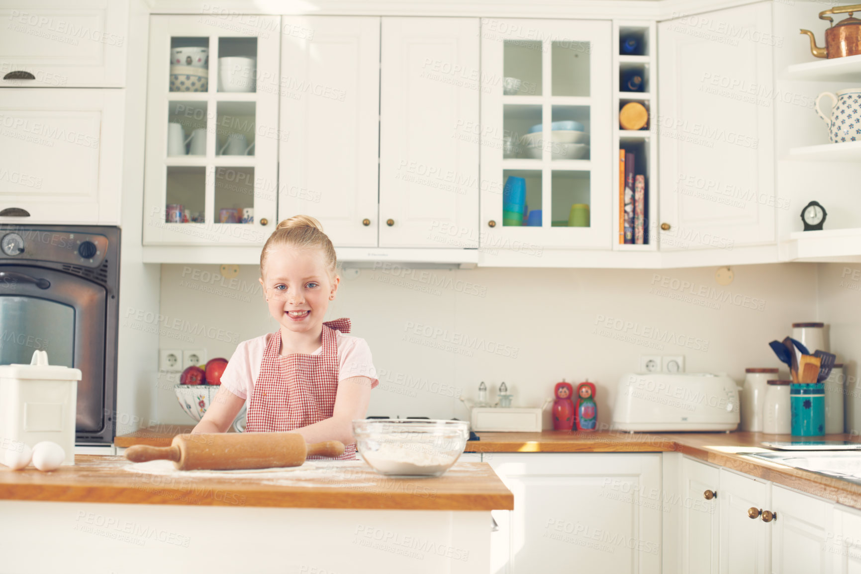 Buy stock photo Baking, happy and portrait of child in kitchen with dough for learning to bake cake, dessert and pastry. Home, culinary skills and young girl with ingredients, recipe and food for sweet treats