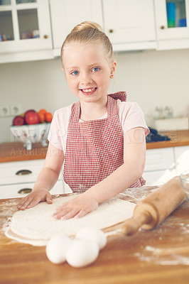 Buy stock photo Baking, portrait and child in kitchen with dough for learning to make cake, dessert and pastry. Development, culinary skills and young girl with ingredients, recipe and food for sweet treats in home