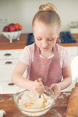 Buy stock photo Baking, mix and child in kitchen with dough for learning to bake cake, dessert and pastry. Cooking, culinary skills and above of young girl with ingredients, recipe and food for sweet treats in home