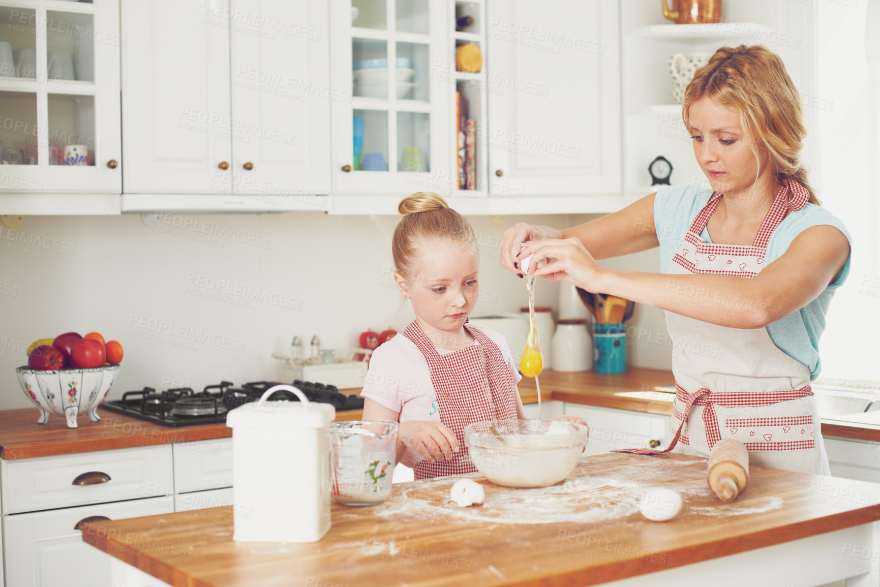 Buy stock photo Egg, child and mom in kitchen baking with teaching, learning and morning bonding together for lunch. Love, mother and daughter with help, ingredients and recipe for breakfast cookies with kid baker