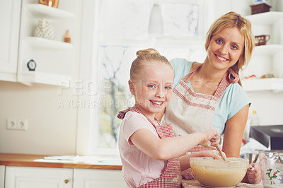 Buy stock photo Portrait, kid and mom in kitchen baking with help, learning and happy bonding together for child development. Love, mother and daughter with smile, ingredients and cake recipe in home with girl baker