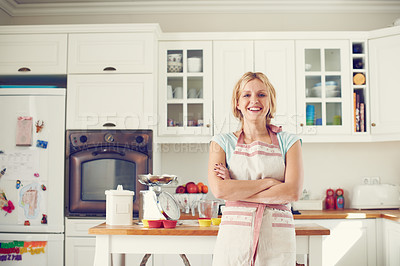 Buy stock photo Portrait, confidence and woman in kitchen for baking, meal prep or happy morning cooking in house. Food, baker or home chef in apron with smile, pride or arms crossed at small business dessert bakery