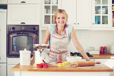 Buy stock photo Portrait, smile and woman in kitchen for baking, meal prep or happy morning cooking in house. Food, baker or home chef in apron with confidence, pride and ingredients at small business dessert bakery