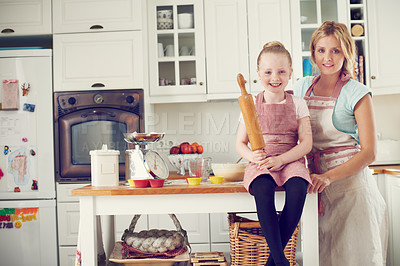 Buy stock photo Mother, girl and rolling pin for baking, teaching and portrait with support, bowl and ingredients in kitchen. Family, kid and help in home for cooking, cupcakes and food with development and learning