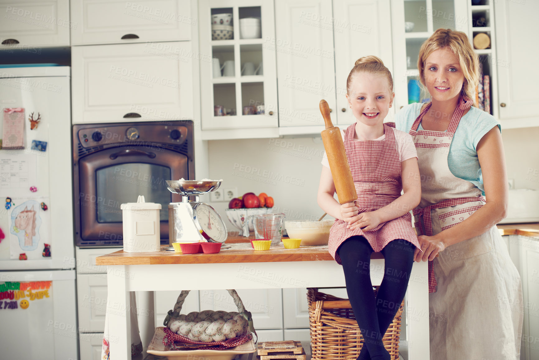 Buy stock photo Mother, girl and rolling pin for baking, teaching and portrait with support, bowl and ingredients in kitchen. Family, kid and help in home for cooking, cupcakes and food with development and learning