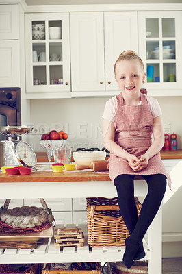 Buy stock photo Girl, child and portrait in kitchen with baking for culinary education, learning cake recipe and development. Kid baker, happy and cooking in home with ingredients and dessert preparation for cookies