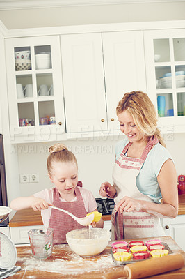 Buy stock photo Help, cupcake and girl in kitchen with mom, baking and learning for morning bonding together. Love, mother and daughter with child development, ingredients and recipe mix in home for happy kid baker