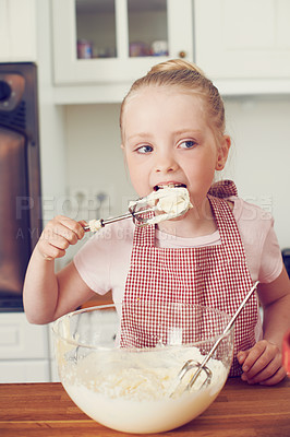 Buy stock photo Baking, taste and bowl with child in kitchen for food, flour ingredients and dessert recipe. Cookie, helping and baker with young girl and eating in family home for cake mix, cooking and learning