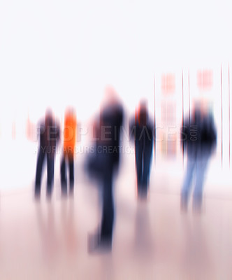 Buy stock photo Group of people in the lobby of a modern art center with a blurred background. Crowd of blurred people at exhibition or in a museum. People standing around inside a hall