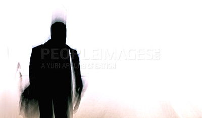 Buy stock photo Motion blur of one unknown man standing alone in a museum and exhibition. Silhouette of blurred person in the lobby or hall of modern art centre with copyspace. Having a panic and anxiety attack. 