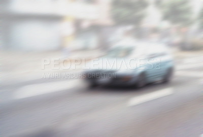 Buy stock photo Motion blurred street life. Busy street in day time. Bokeh mode photo shot in day time of busy street with a car. Abstract blurred of vehicle on street. People driving car on day time background