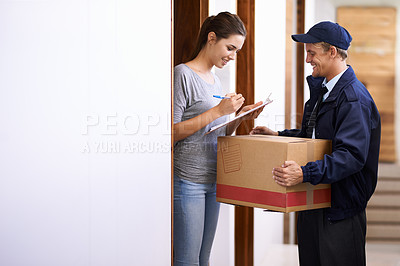 Buy stock photo Delivery, courier and woman with box sign documents, forms and paperwork for package or parcel. Online shopping, ecommerce and people for shipping, supply chain and distribution receipt in home