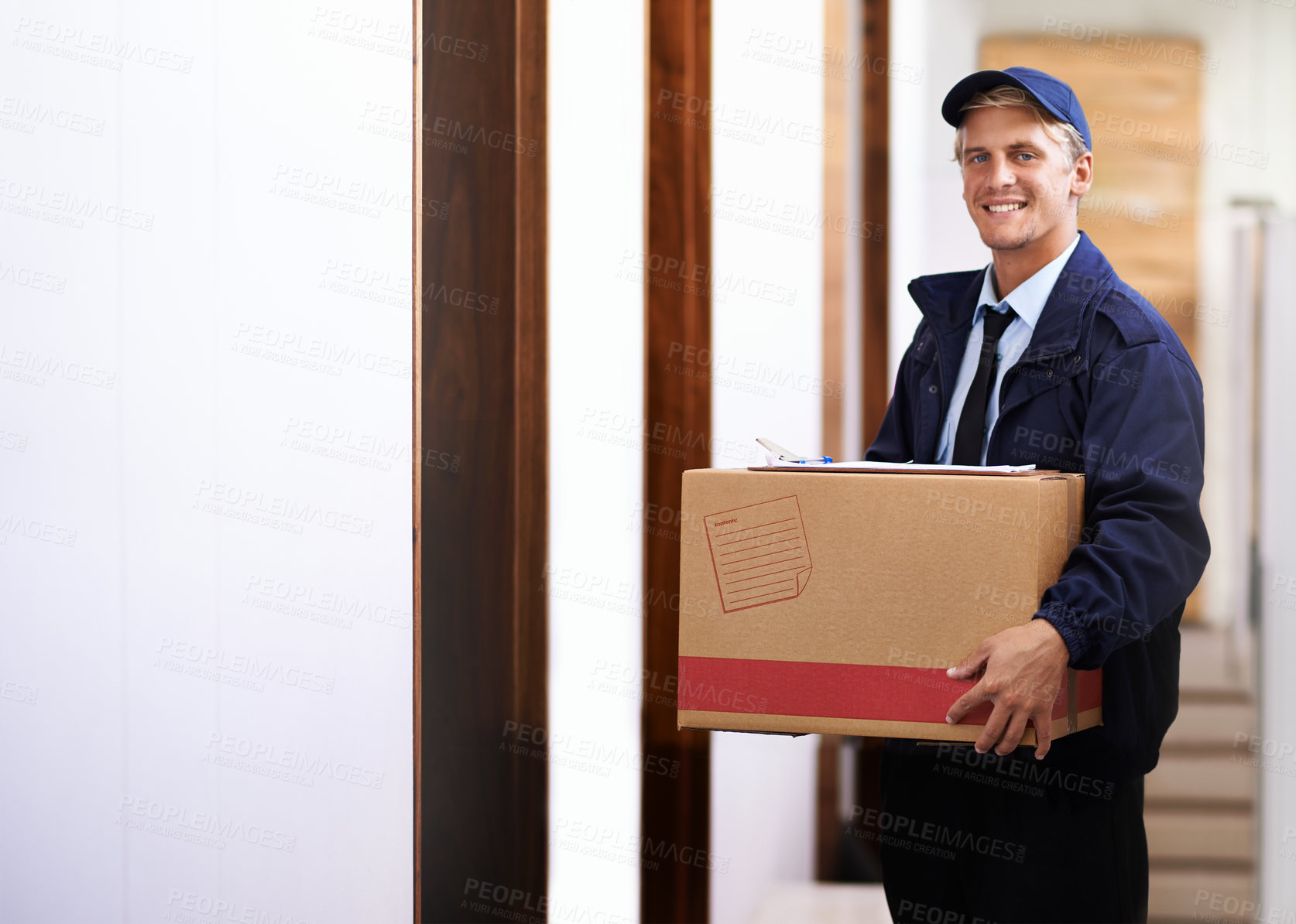 Buy stock photo Delivery, man and portrait with box at front door of house for distribution of online shopping package. Happy, courier and person in supply chain with transport of ecommerce, product and stock