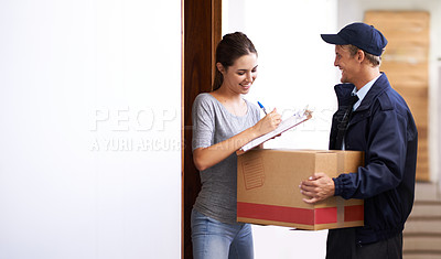 Buy stock photo Delivery, ecommerce and woman sign documents, forms and application for package, parcel and box. Online shopping, paperwork and people with receipt for shipping, supply chain and distribution in home