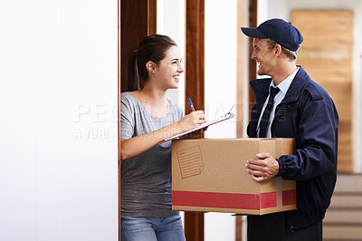 Buy stock photo Delivery man, box and woman sign documents, forms and application for package, parcel and courier. Online shopping, ecommerce and people for shipping, supply chain and distribution receipt in home