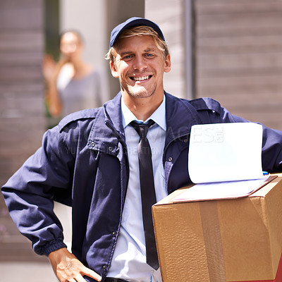 Buy stock photo Delivery, man and portrait with checklist on box for inventory, logistics and information on supply chain. Happy, courier and person with clipboard survey of shipping, distribution or ecommerce