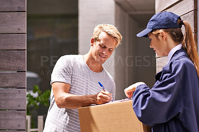 Buy stock photo Delivery, package and man sign documents, forms and application for receipt, parcel and box. Online shopping, ecommerce customer and courier woman for shipping, supply chain and distribution in home